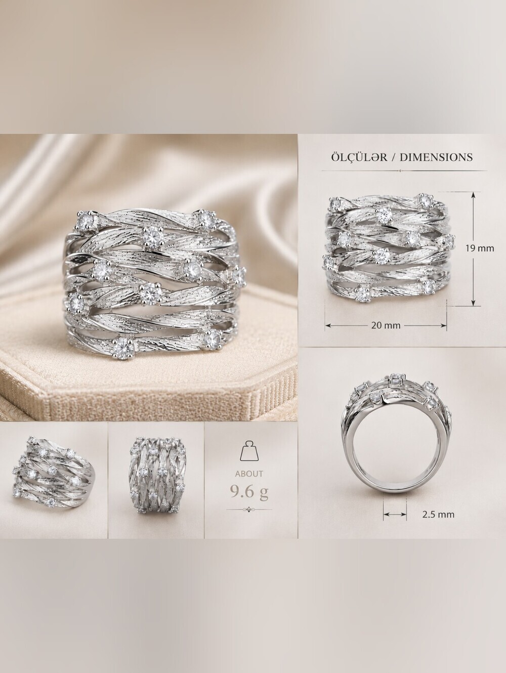 Textured Silver Multi-Row Crystal Ring - Picture 4 of 7